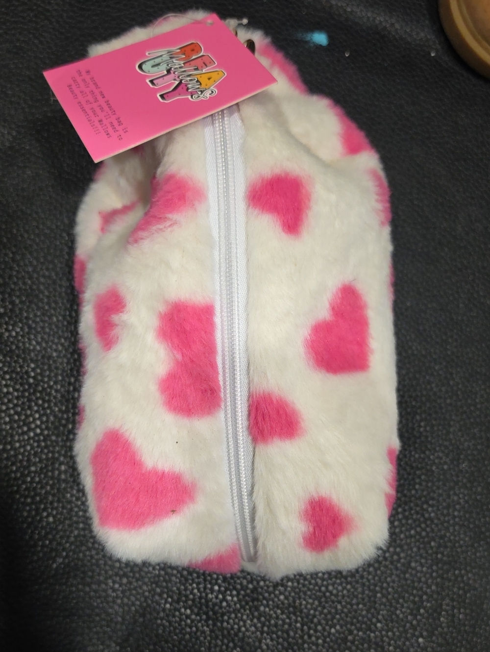fluff White Plush Zipper Pouch with Pink Hearts